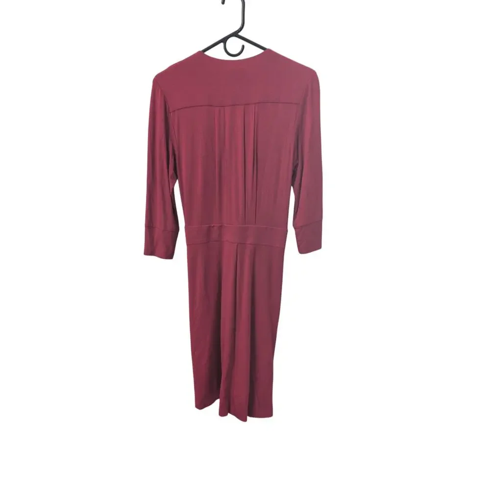 Trina Turk Dark Red V Neck Wrap Pleated Ruched Sheath Dress 3/4 Sleeve Size 4 - Picture 4 of 4